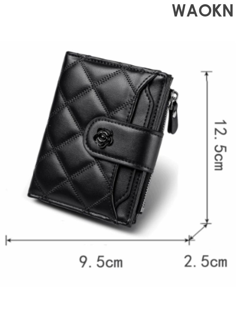 WAOKN Small Wallets for Women and men , Leather Bifold Wallet , suitable for Women and men , Blocking Purse Credit Card Holder, Multi slot wallet , wallet with 12 Card Slots and ID Window Coin Pocket , black . - Image 3